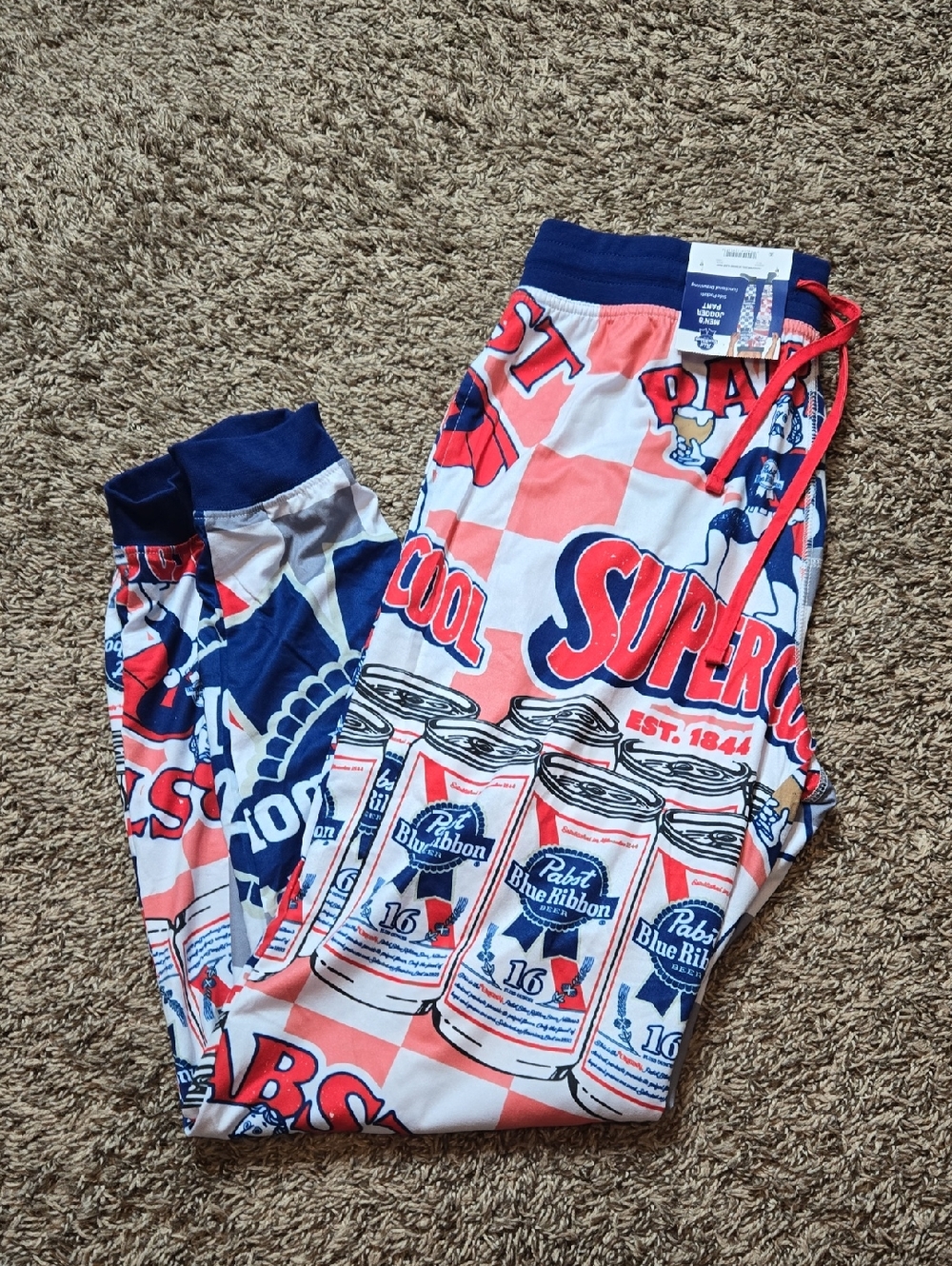 Pabst Blue Ribbon Themed Pajama Bottoms Medium Joggers Pants Side Pockets